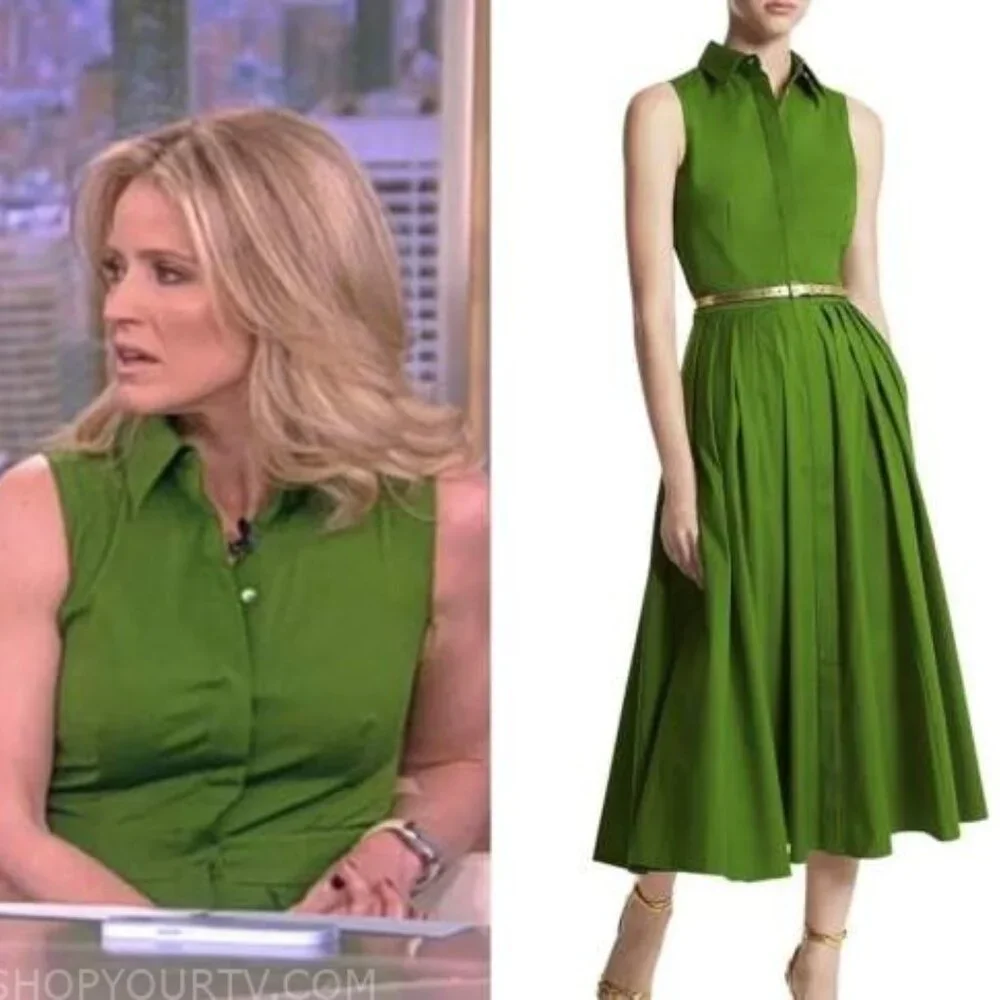 Michael Kors Collection Green Sleeveless Pleated Poplin Midi Shirt Dress 12 - Picture 6 of 14